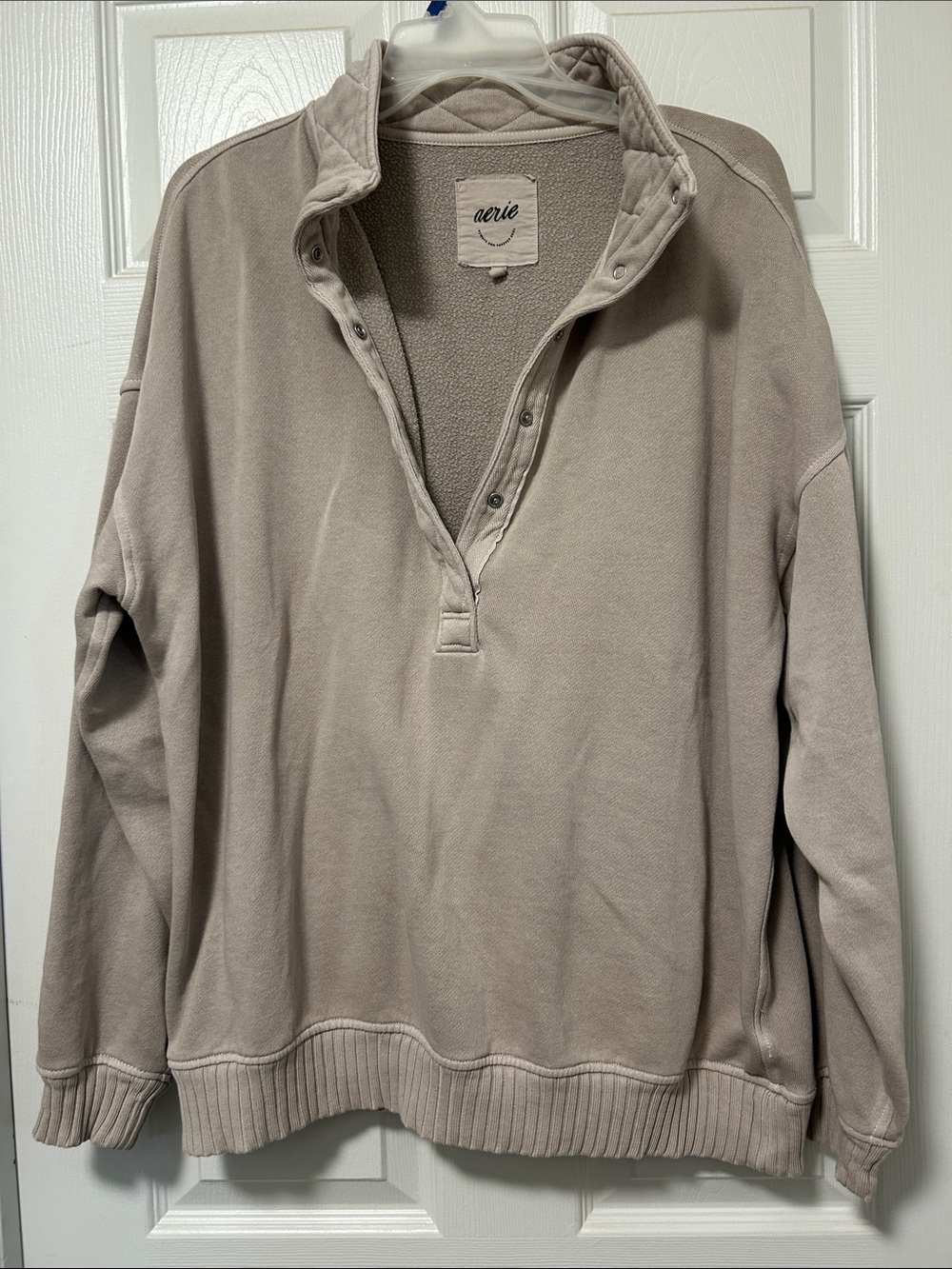 aerie Beige Crewneck Quarter-Snap Pullover Sweater